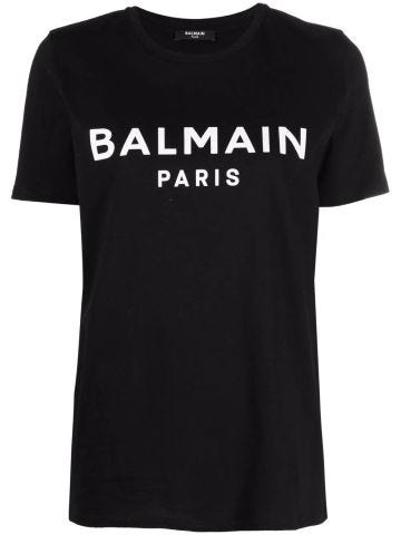 Black cotton T-shirt with white Balmain logo print