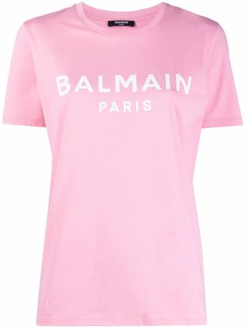 T-shirt rosa in cotone con logo Balmain bianco