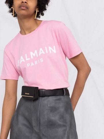 Pink cotton T-shirt with white Balmain logo print