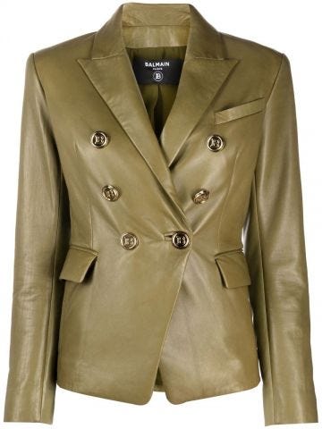 Double-breasted blazer in green leather