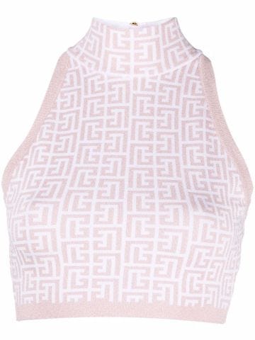 Cropped bicolor knit top with monogram print