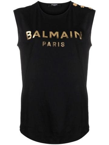 Black cotton T-shirt with gold Balmain logo print