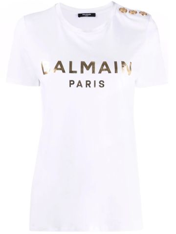 White cotton T-shirt with gold Balmain logo print