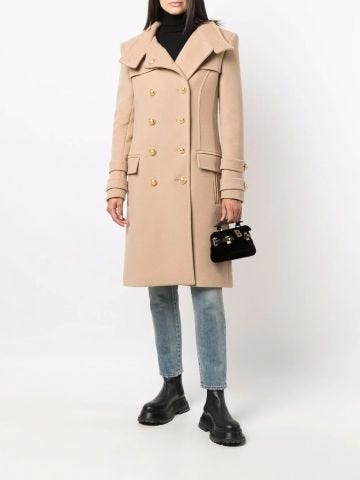 Long beige wool and cashmere coat with double-breasted gold-tone buttoned fastening