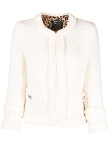 White braided-trim bouclé-knit cropped jacket