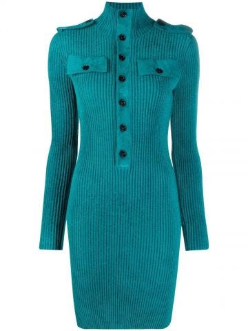 Blue ribbed-knit softly-textured mini dress