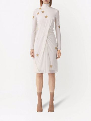 Ivory Long-sleeve Star Motif Gathered Silk Viscose Dress