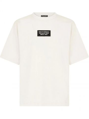 White printed cotton T-shirt with patch embellishment