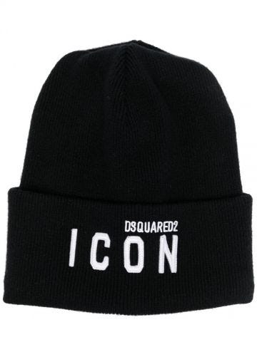 Black Icon logo-embroidered knitted beanie