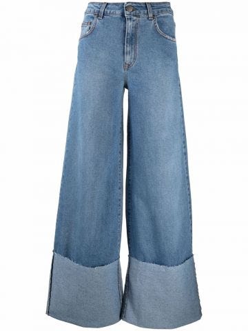 High-waisted jeans with wide legs and inverted hems
