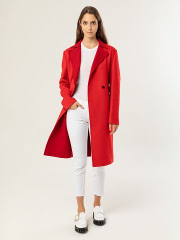 Red double-breasted coat
 with wool belt