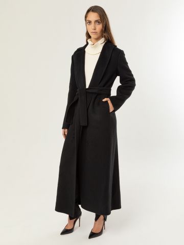Black long coat with cashmere belt