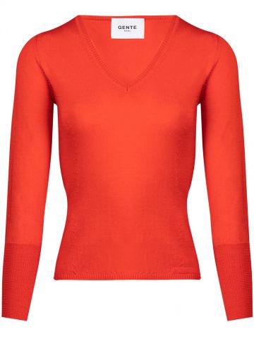 Red V-neck sweater 
long sleeves