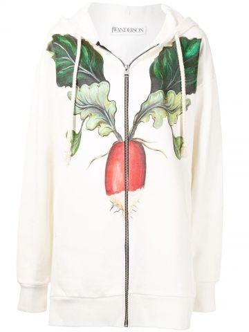 White zip-fastening veggie-print cotton hoodie