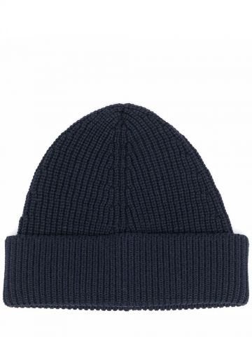 Blue ribbed knit beanie hat