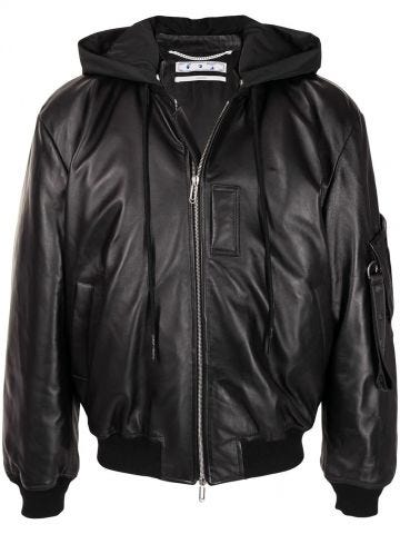 Black hooded leather bomber jacket