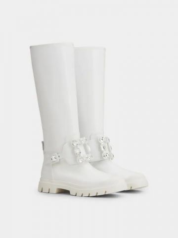 White Walky Viv' Strass Buckle High Boots in Leather