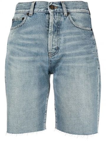 Blue high-waist, raw-edge denim shorts