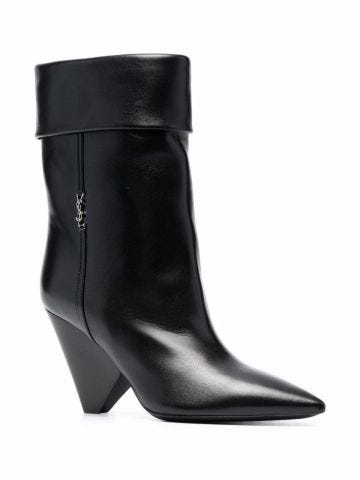 Niki booties in smooth black leather and silver-tone monogram