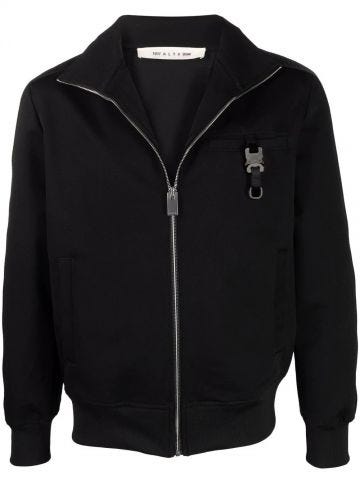 Black bomber jacket with front zipper and buckle