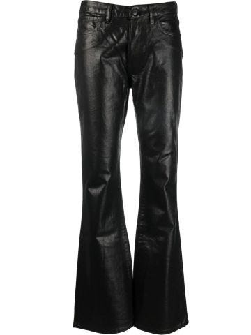 Satin-finish black flared jeans with low waist