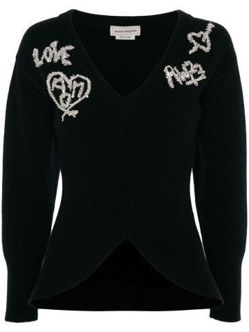 Black belted long-sleeve knit top