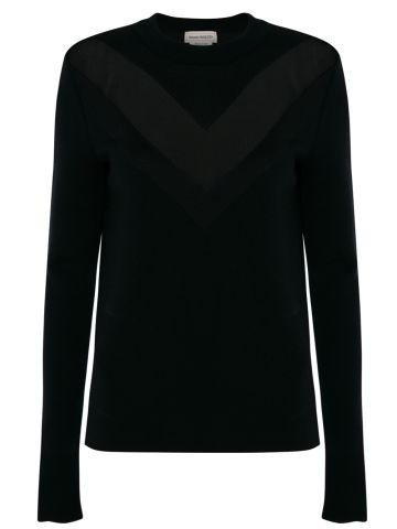 Black Chevron Crew Neck Sweater with Transparent Detail