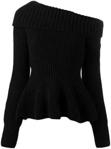 Black long-sleeved ribbed sweater with ruffles