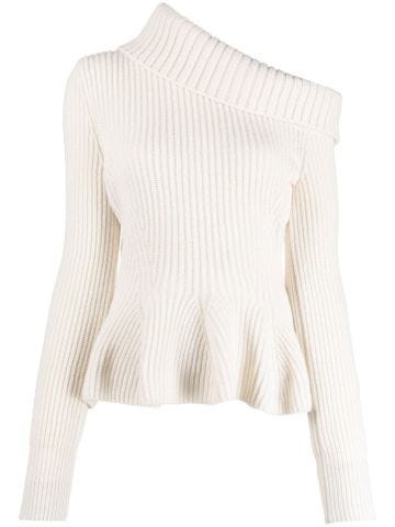 White long-sleeved ribbed sweater with ruffles