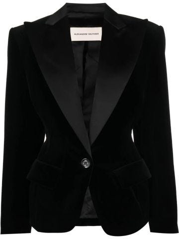 Black single-breasted velvet and satin blazer