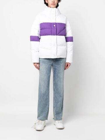 Purple and white color block padded puffer jacket with logo