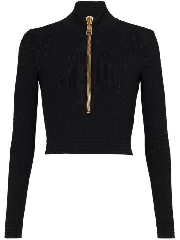 Black crop long sleeve sweater with zipper and high neck