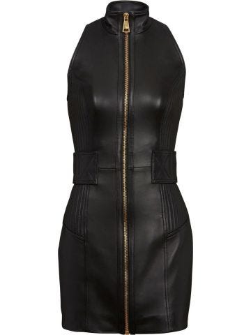 Black short leather dress with gold zipper and high collar