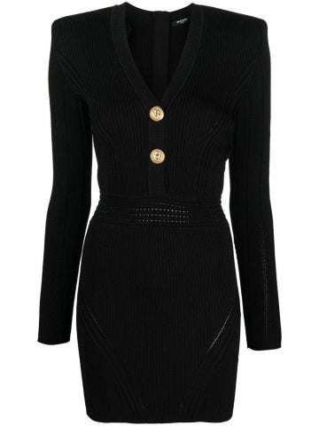 Black ribbed short dress with V-neck and long sleeves