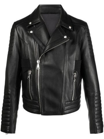 Black leather biker jacket with embossed inserts