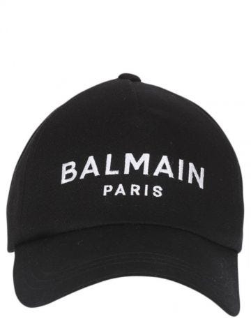 Black baseball cap with white embroidered logo
