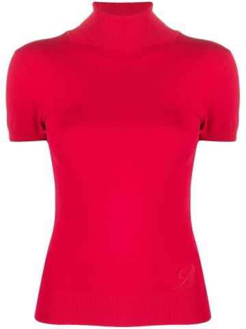 Red short sleeve high neck top with cut-out back