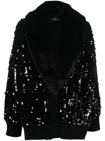 Black cardigan with fur and sequins
