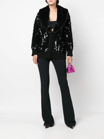 Black cardigan with fur and sequins