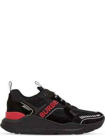 Black leather and mesh sneakers with printed logo
