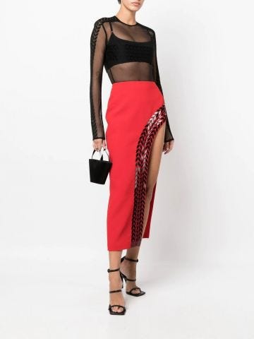 Red appliqué-detail side slit skirt