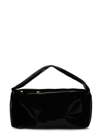 Black soft patent leather bag with logo plaque