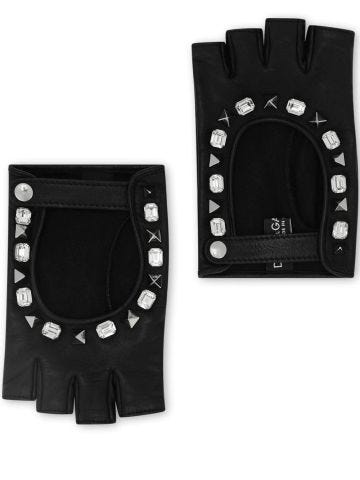 Black leather gloves with crystals and studs