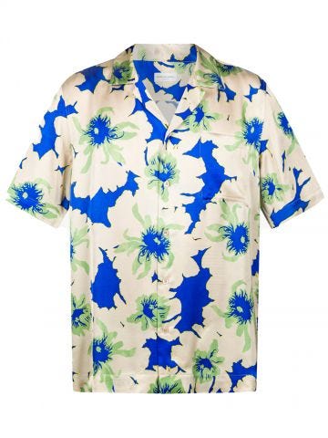 Camp-Collar Floral-Print Satin Shirt