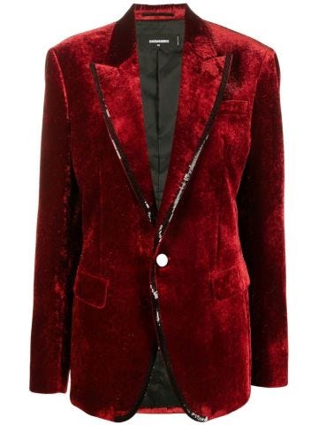 Blazer rosso in velluto con rifiniture in pallettes