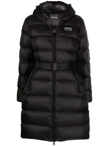 Long black down jacket with belted waist
