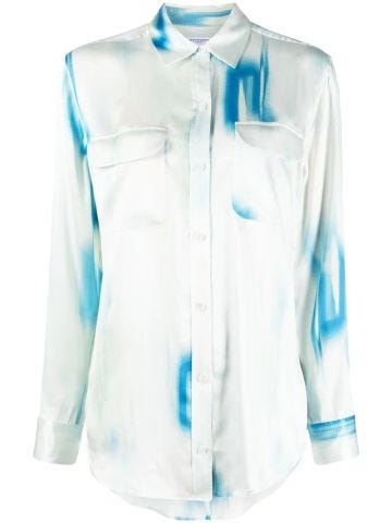White silk shirt with blue abstract print