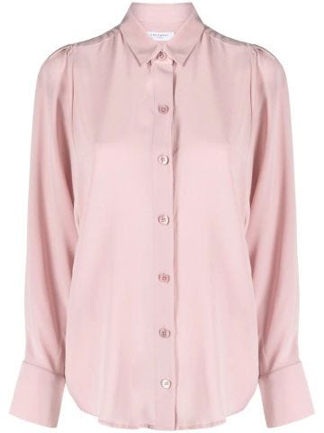 Pink silk long-sleeved button-down shirt