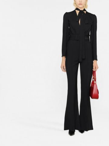 Full black jumpsuit with belt and front bow