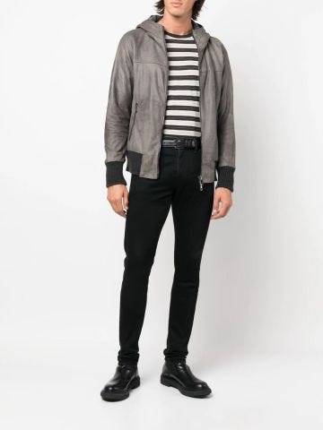 Graphite gray jacket with ribbed detailing.